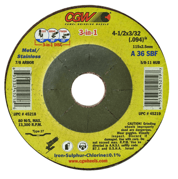 CGW MG9045218 4 1/2" x 3/32" x 7/8" - A36S - Cut /Grind Combo Type 27 Depressed Center Wheel 3 in 1 Cut-Grind-Finish