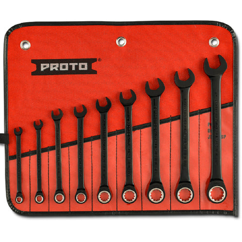 Proto KP4212000 Proto 9 Piece Black Chrome Non-Reversible Combination Ratcheting Wrench Set - Spline