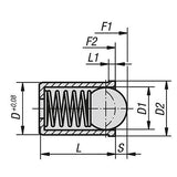 KIPP K0333.112 SPRING PLUNGER SPRING FORCE, SMOOTH VERSION, D=12 L=24, STAINLESS STEEL, LONG VERSION, COMP:STAINLESS STEEL